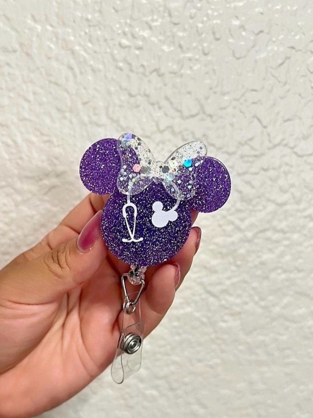 Purple Glitter Mouse-Inspired Retractable Badge Reel